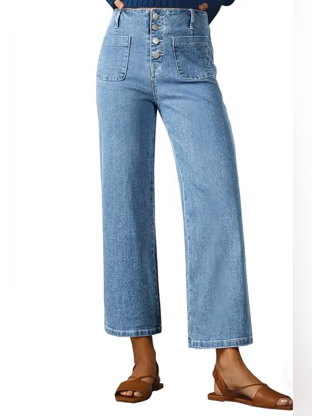 High-Rise Wide Leg Jeans with Front Patch Pockets - Blue